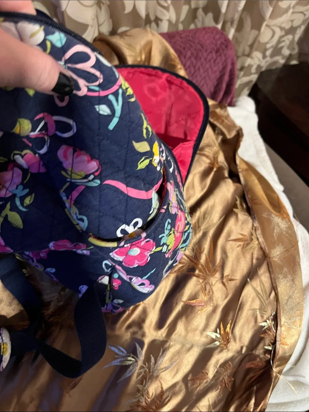 Vera Bradley Quilted Floral Backpack in Navy with Pink & Green Accents